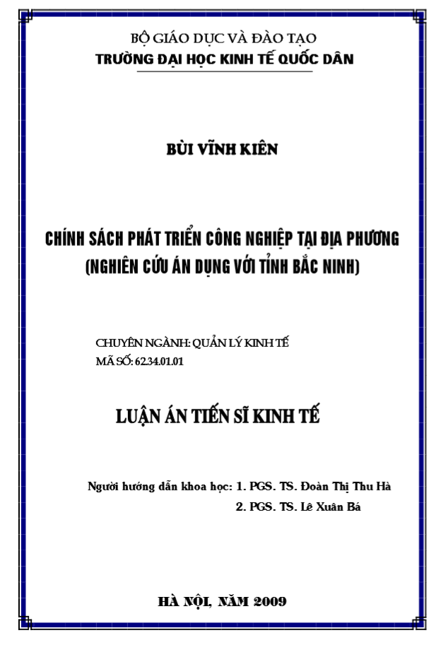 Chính sách phát triển công nghiệp tại địa phương (nghiên cứu áp dụng với tỉnh Bắc Ninh)